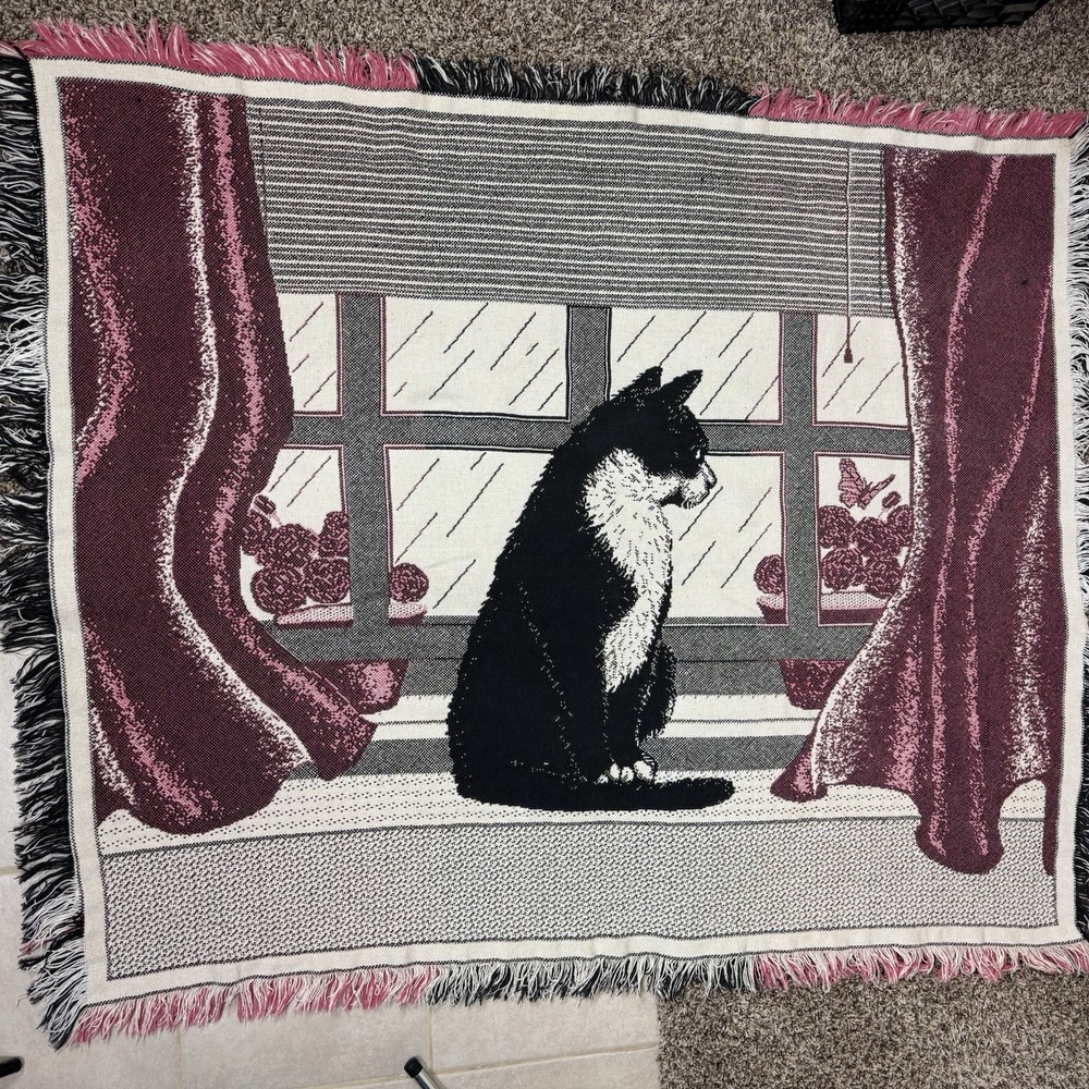 Vintage 90s Throw W/Fringe, 44x52" Tuxedo Cat in Window Pink & White Cottagecore